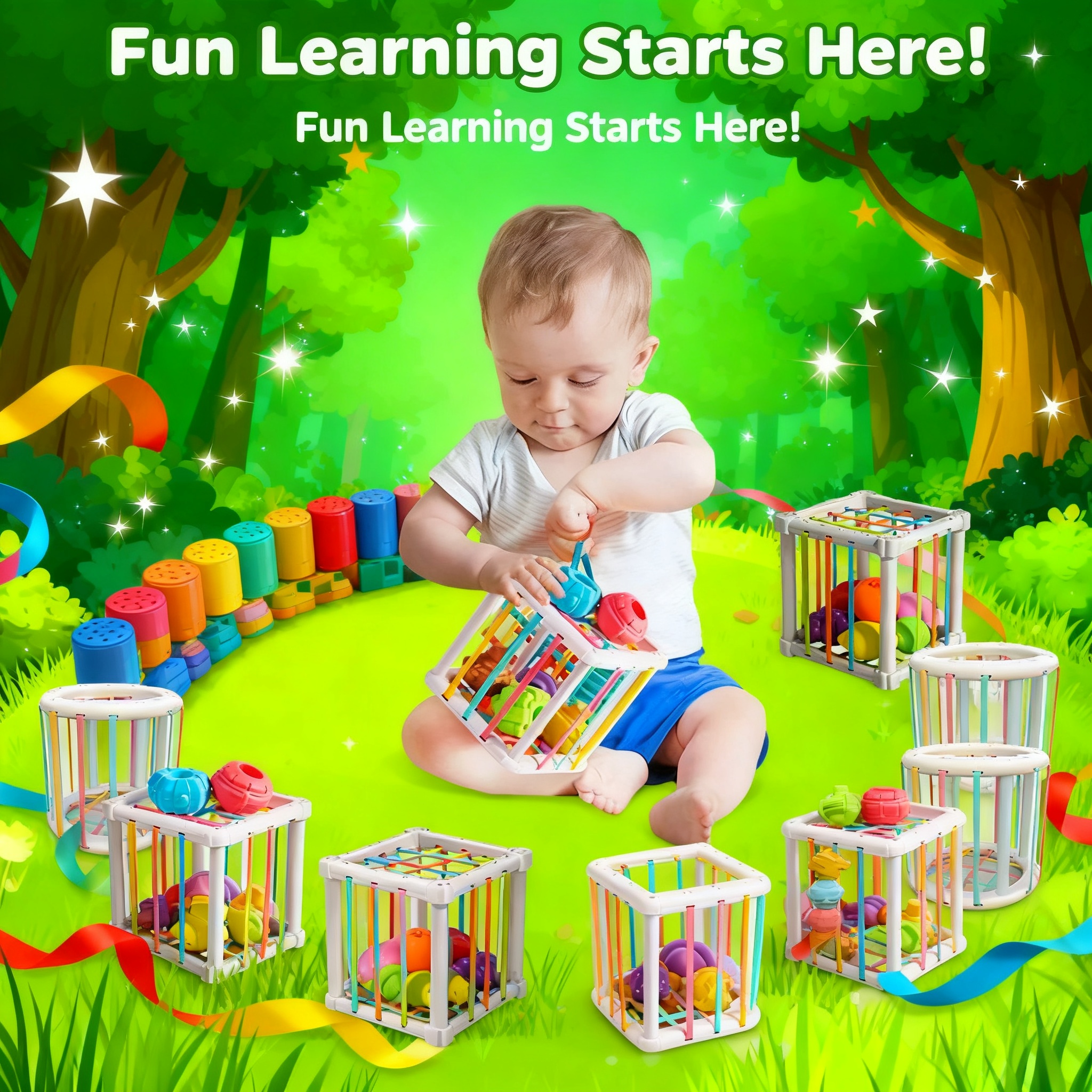 Kids Education Toys - Rainbow Colorful Montessori Shape Sorter Cube